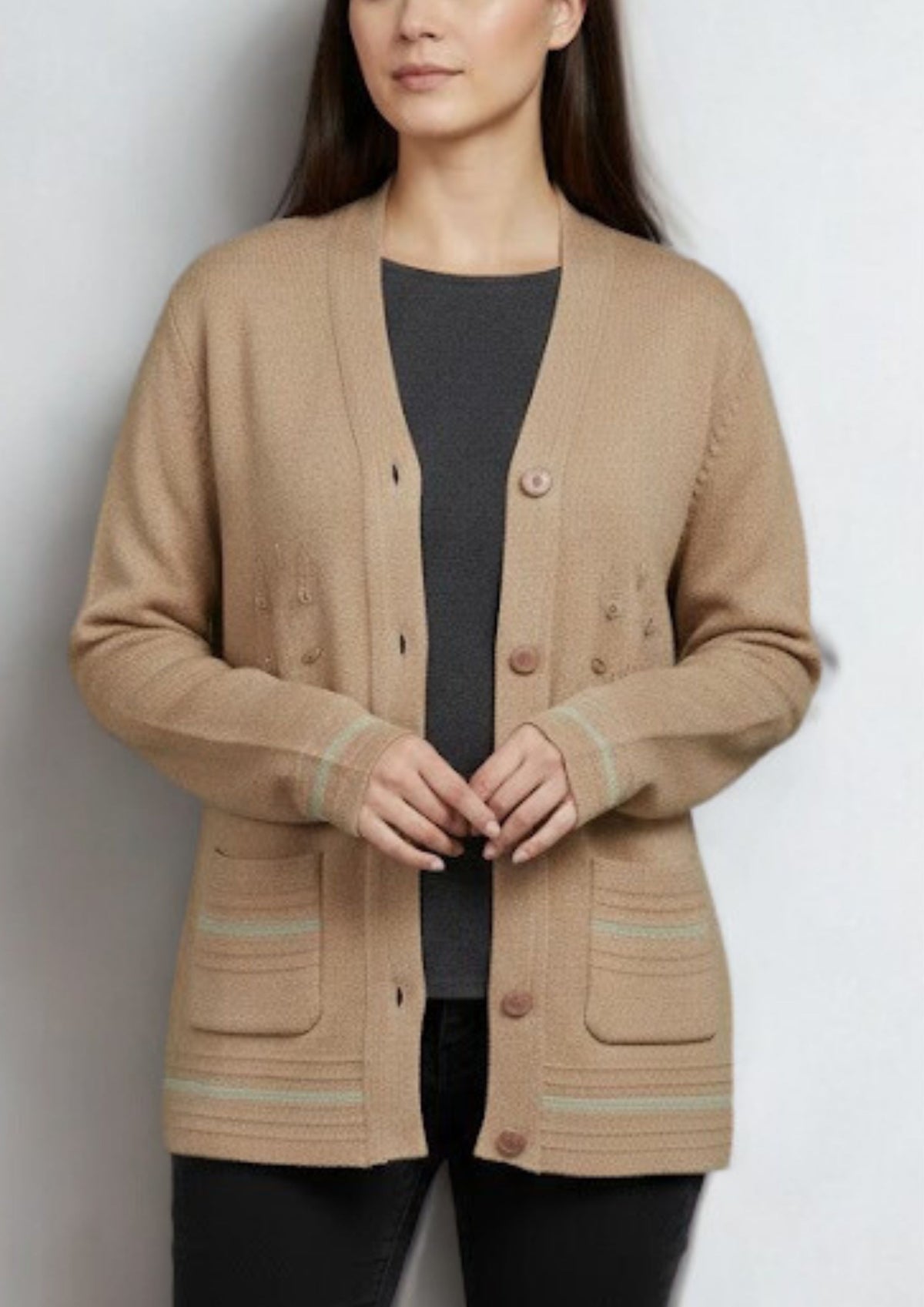 Brown Embroidered V-Neck Cardigan Sweater