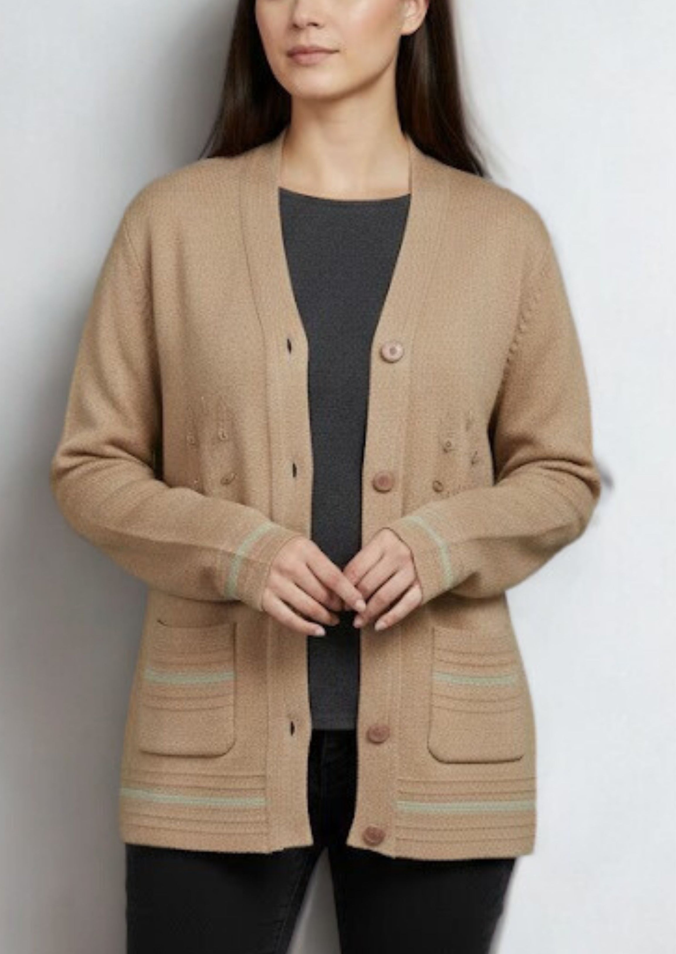 Brown Embroidered V-Neck Cardigan Sweater