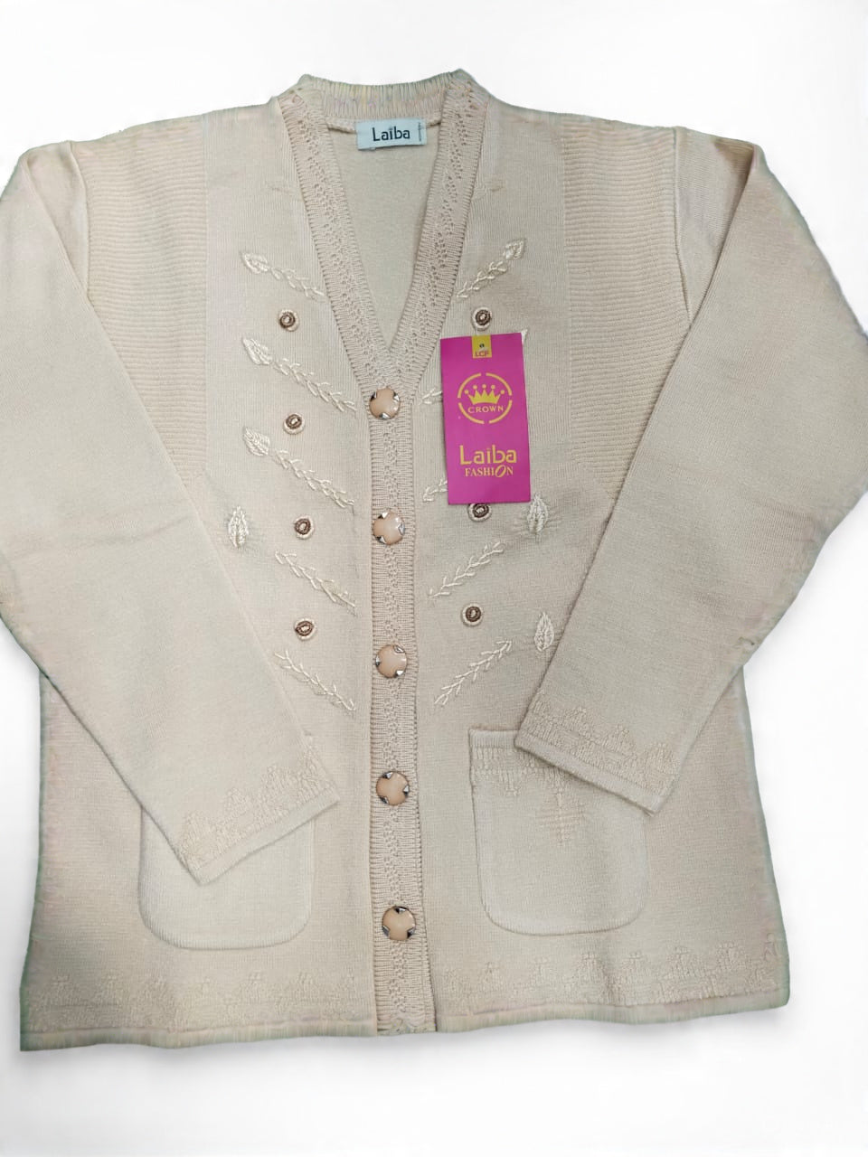 Brown Embroidered V-Neck Cardigan Sweater
