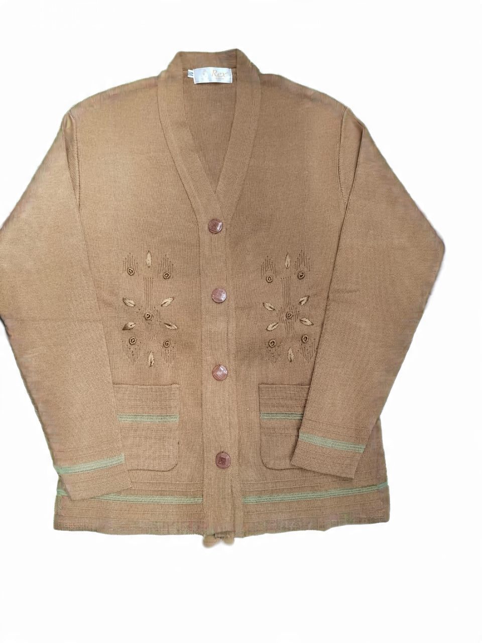 Brown Embroidered V-Neck Cardigan Sweater
