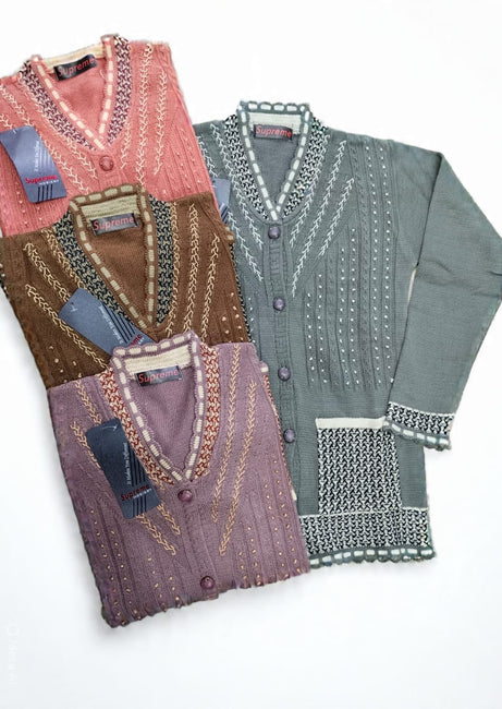 Brown Embroidered V-Neck Cardigan Sweater