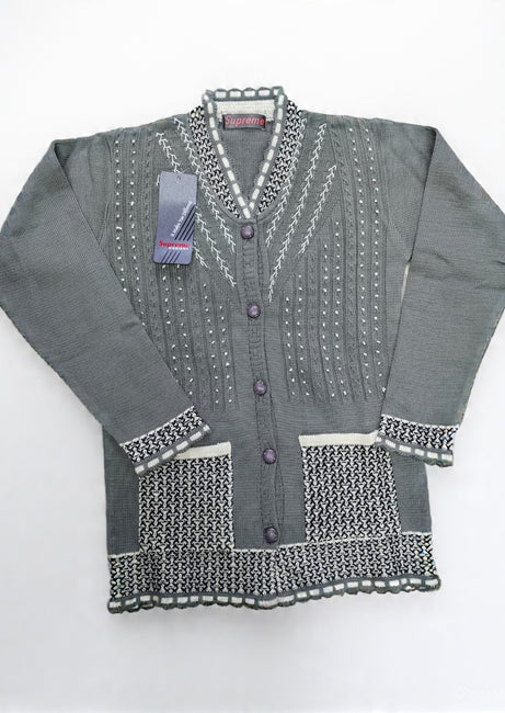 Brown Embroidered V-Neck Cardigan Sweater