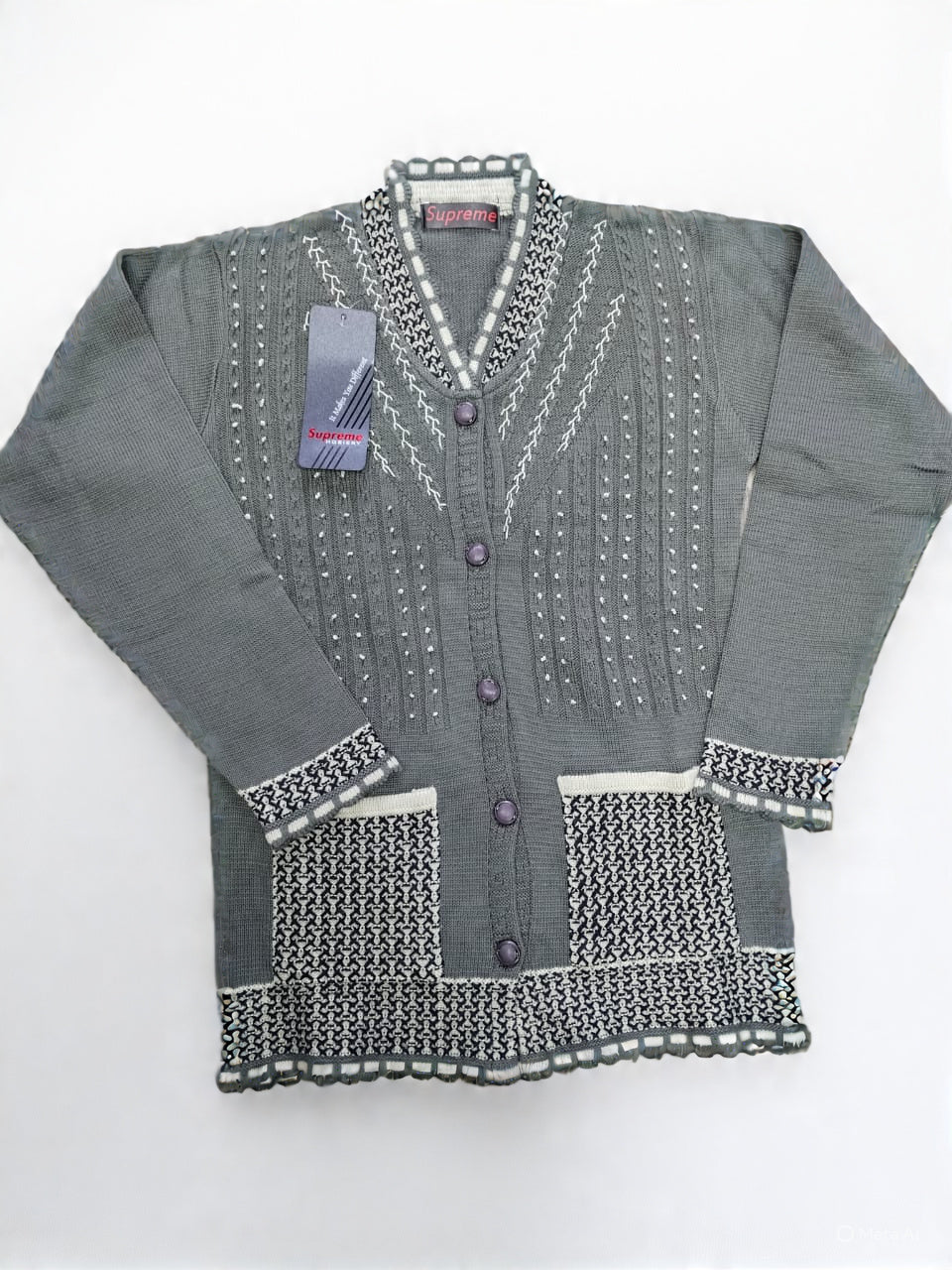 Brown Embroidered V-Neck Cardigan Sweater