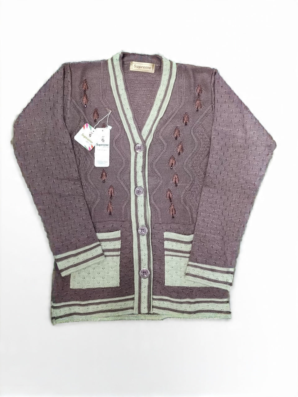 Brown Embroidered V-Neck Cardigan Sweater